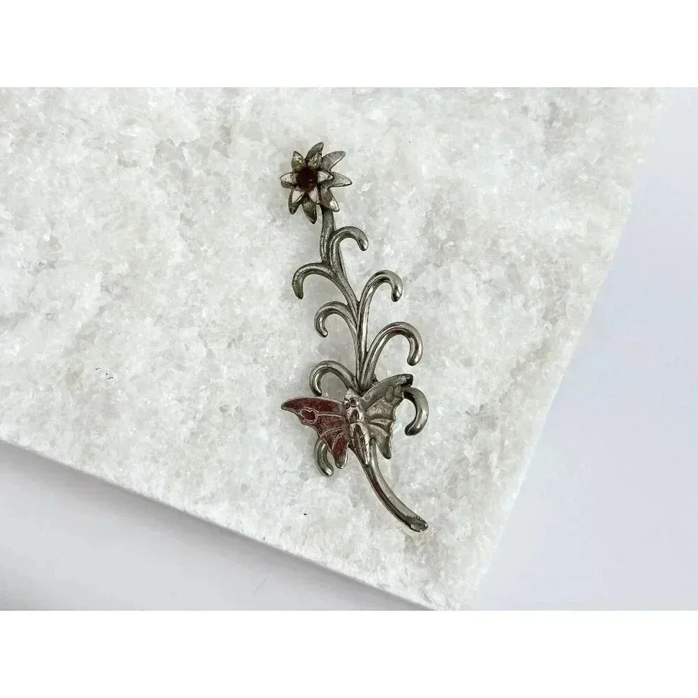 Vintage Silver Tone Flower Stem & Butterfly Retro Hippie Brooch Pin